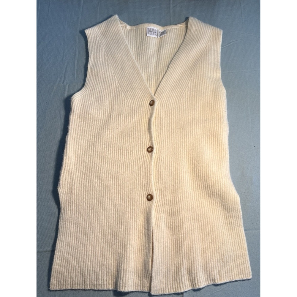 Lauren Allen Sweater Vest Lambswool Cream Button Size Medium Ribbed Side Slits